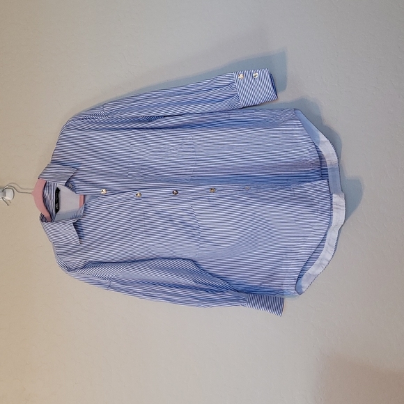 Zara Blue White Stripe Top 3/4 Sleeve With Gold Oversized Button Down Size XS - Picture 8 of 17